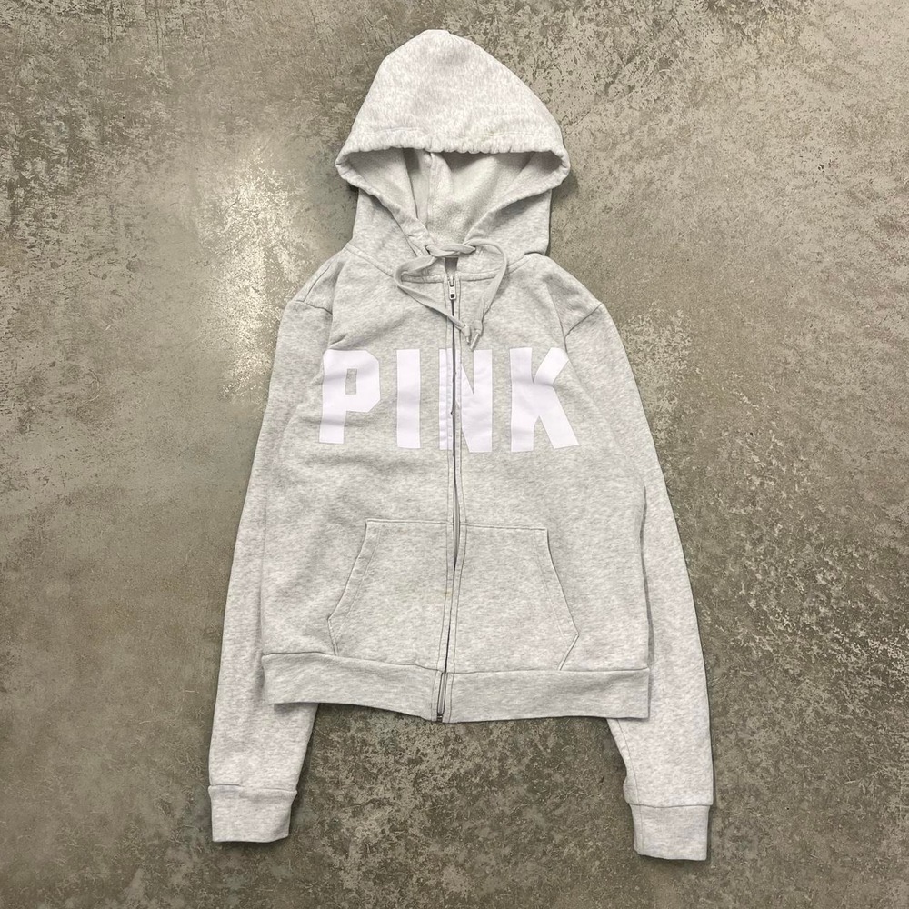 Vintage Victoria's Secret PINK Full Zip Hoodie Grey Y2K Slim Fit Small